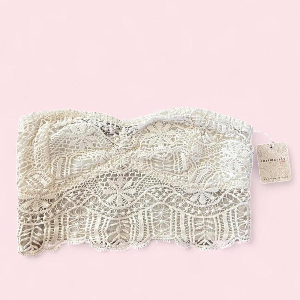 NWT Free People boho White lace tube crop top with floral and scrollwork design